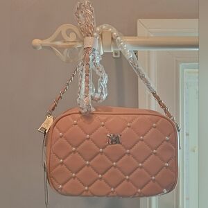 NWT Badgley Mischka Diamond Quilted Camera Bag Purse pale pink With Pearls